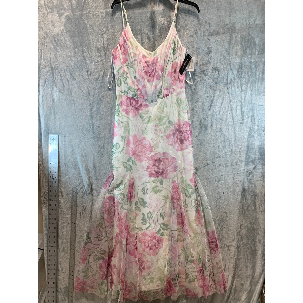 Betsy & Adam Pink Floral Sequin Mesh Mermaid Gown Dress Slip Dress Y2K 12 NEW